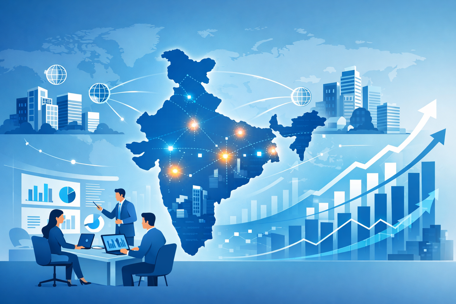 GCC Impact on India’s Workforce and Economy Illustration showing how Global Capability Centers (GCCs) are driving growth in India’s workforce, technology hubs, and economic expansion.